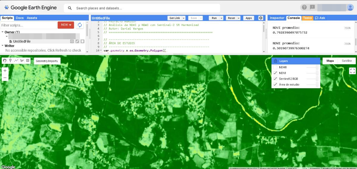Google Earth Engine mostrando el mapa NDVI del área de estudio y los valores promedio de NDVI y NDWI en la consola
