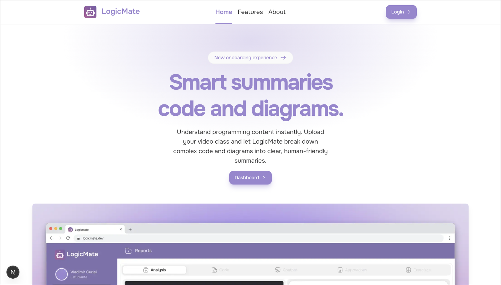 Página de inicio de LogicMate con el lema Smart summaries code and diagrams y botones de Login y Dashboard