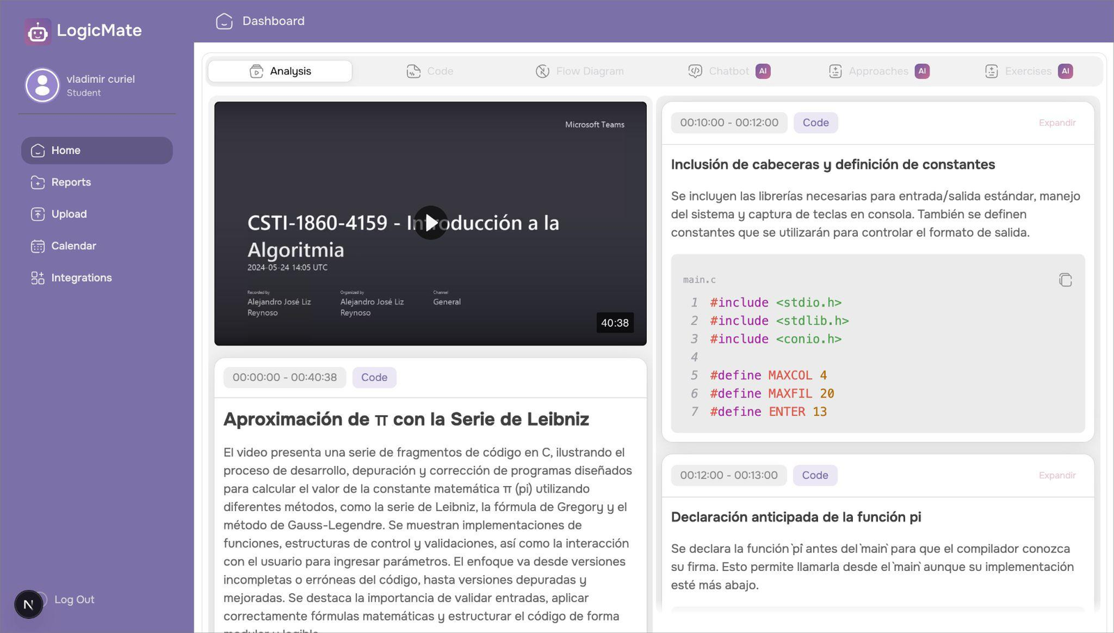 Vista del reporte de LogicMate: video de la clase junto a los fragmentos de código detectados y su explicación