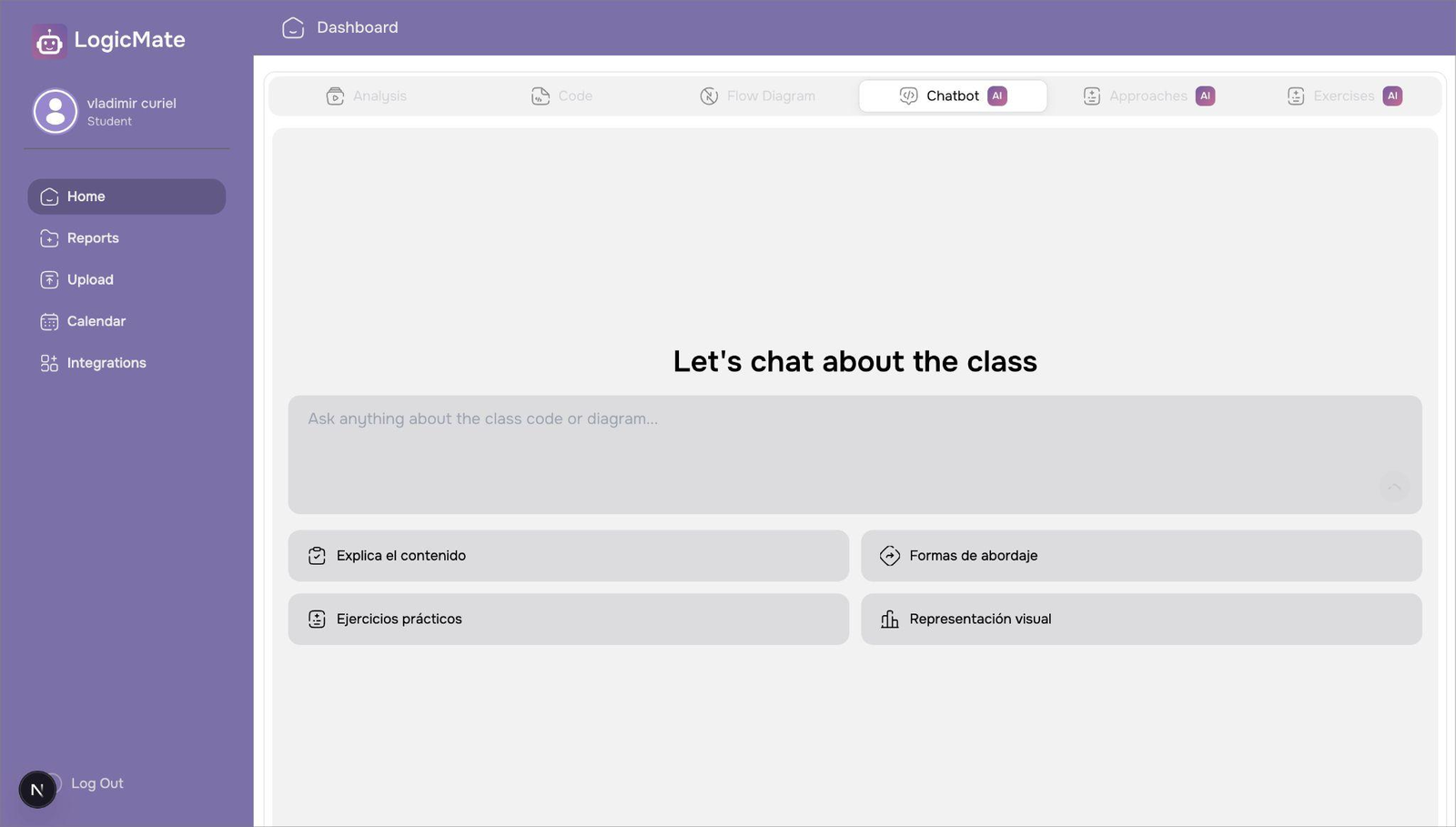 Vista de chat con el Bot con opciones para explicar el contenido, formas de abordaje, ejercicios prácticos y representación visual