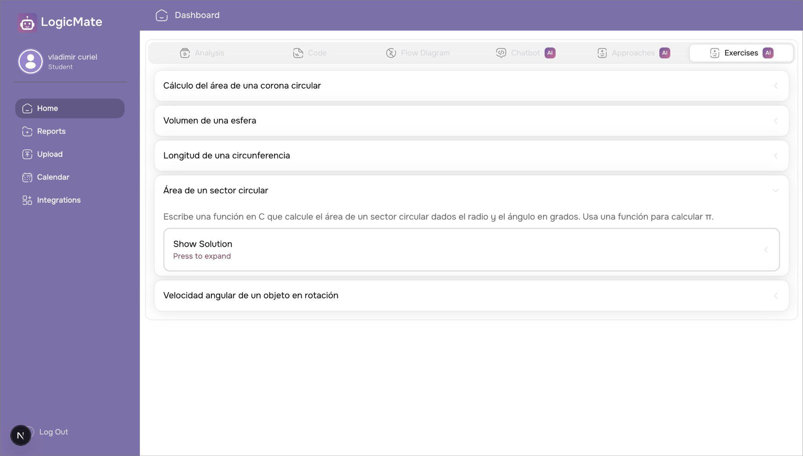 Vista de ejercicios propuestos con enunciados y solución desplegable