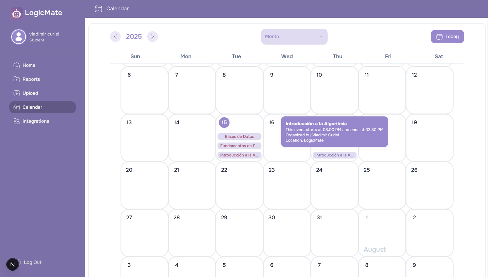 Vista de calendario mensual con las sesiones de Introducción a la Algoritmia