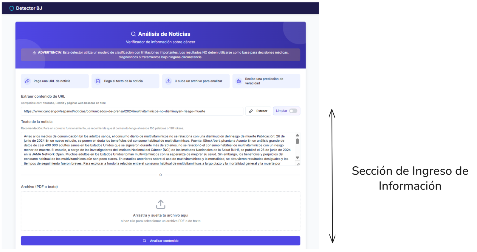 Interfaz web del detector: sección para ingresar una URL, el texto de la noticia o un archivo