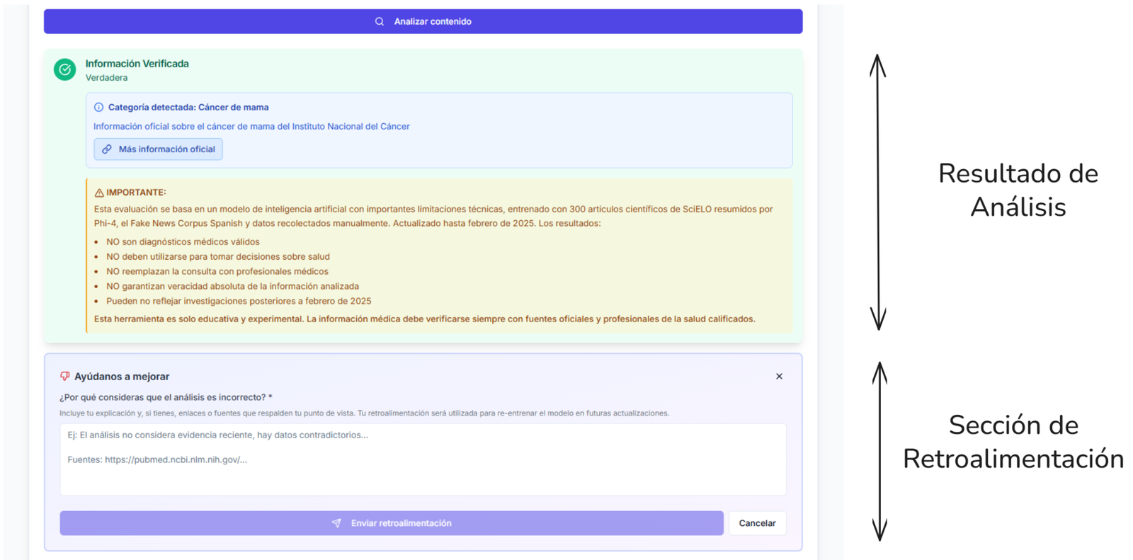 Interfaz web del detector: resultado del análisis y formulario de retroalimentación