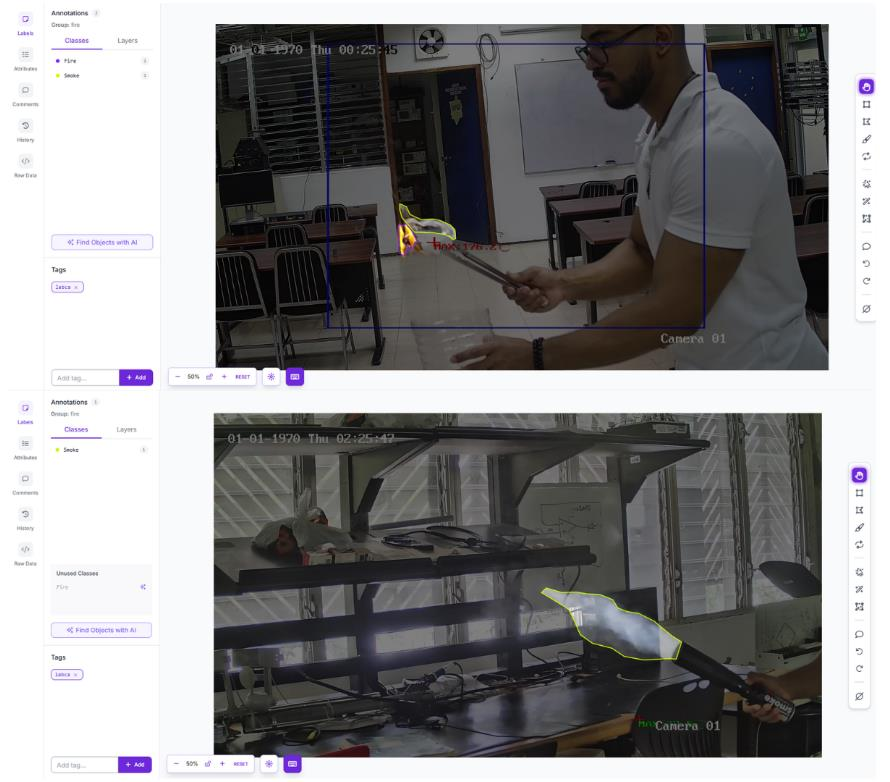 Dos capturas de la herramienta de etiquetado con llamas y humo anotados en el laboratorio