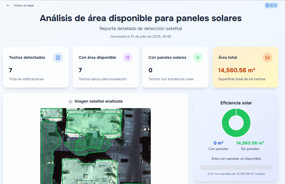 Reporte de análisis con techos detectados, área total y la imagen satelital con los techos segmentados en verde