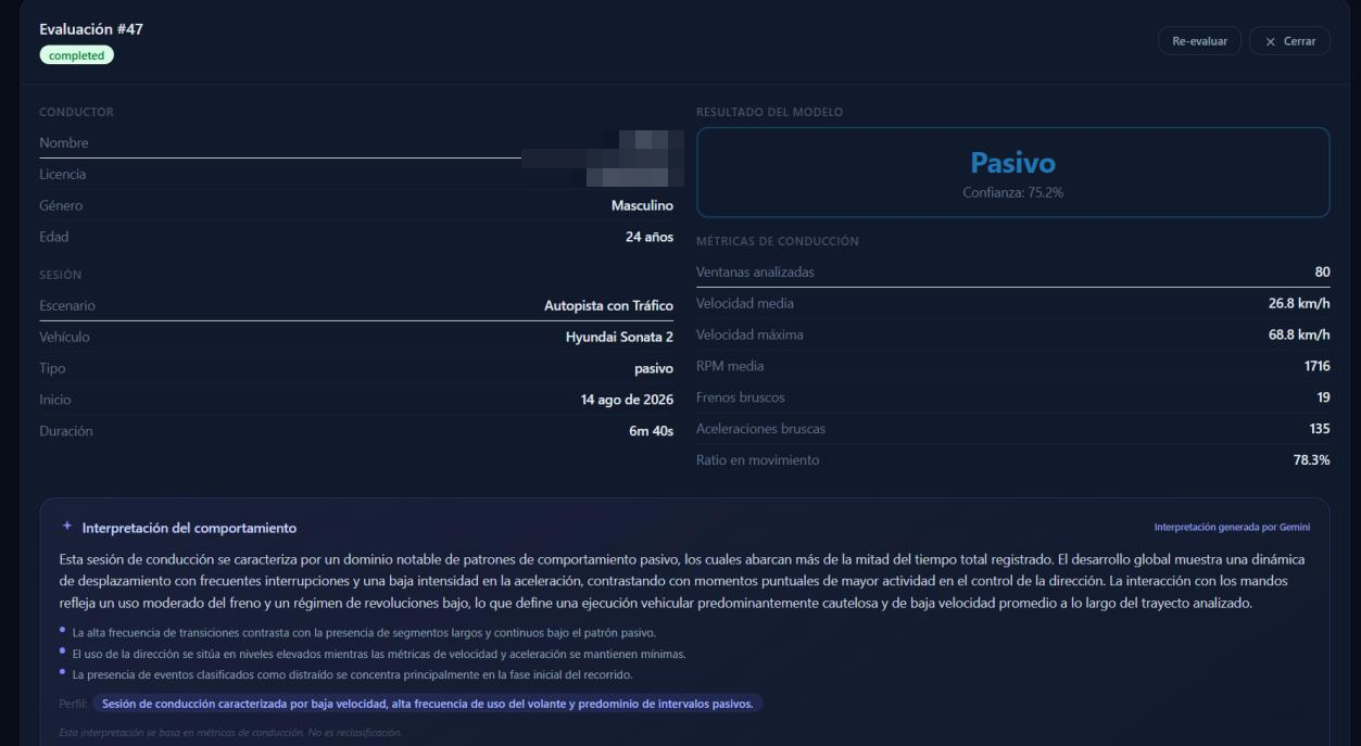 Evaluación de una sesión clasificada como pasiva con 75.2 % de confianza, métricas de conducción e interpretación del comportamiento