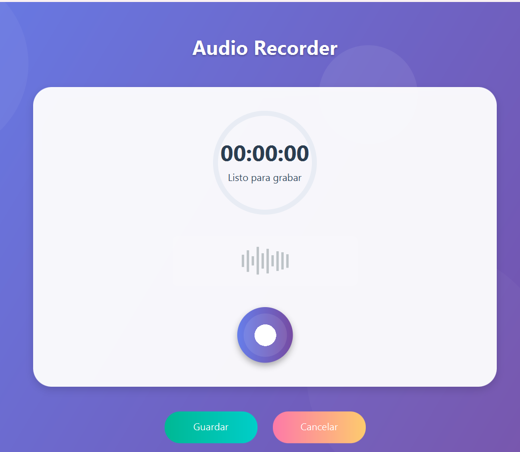 Pantalla de grabación de audio con cronómetro y botones Guardar y Cancelar