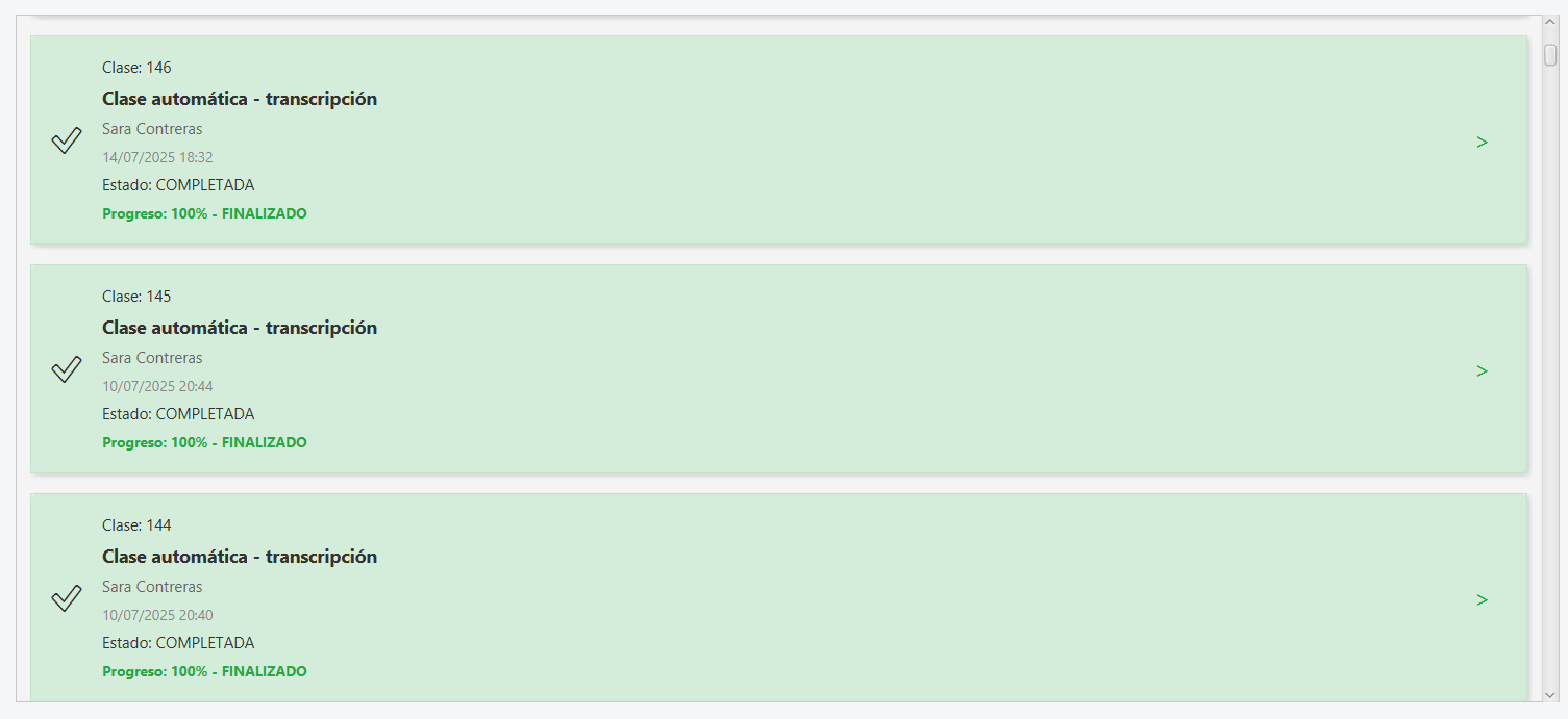 Lista de clases analizadas con su estado completado y progreso del 100 %