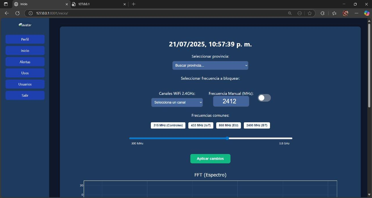 Pantalla de inicio de la interfaz web con selección de provincia, canal Wi-Fi y frecuencia a bloquear