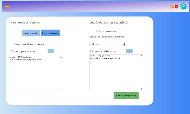 Pantalla de parámetros del sistema: detección, bloqueo automático, correos para alertas y reportes automáticos