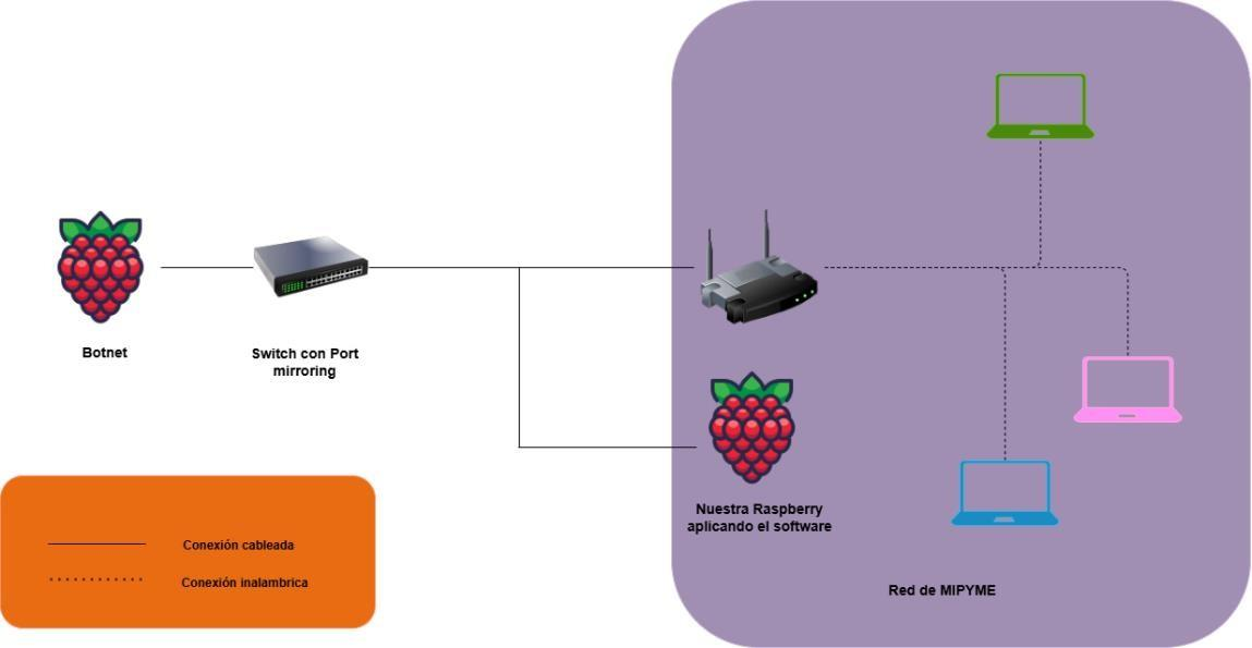 Topología de prueba: botnet, switch con port mirroring y Raspberry Pi con el software dentro de la red de la MIPYME