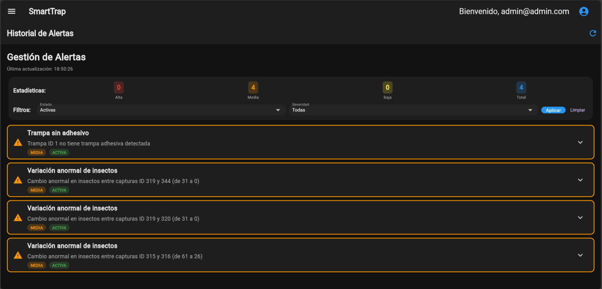 Pantalla de gestión de alertas de SmartTrap