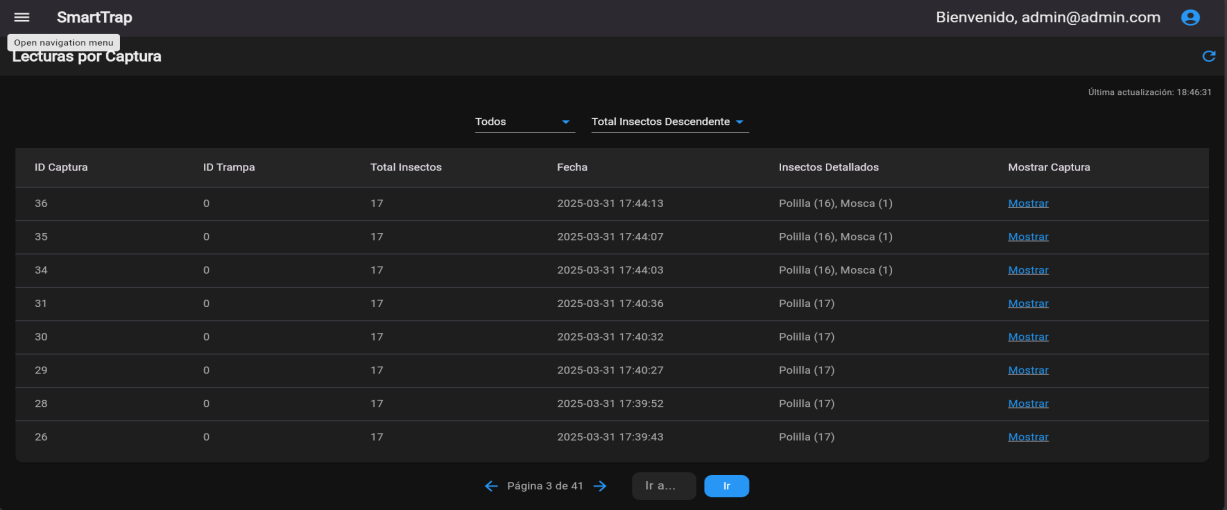 Tabla de lecturas por captura con filtros en la interfaz web