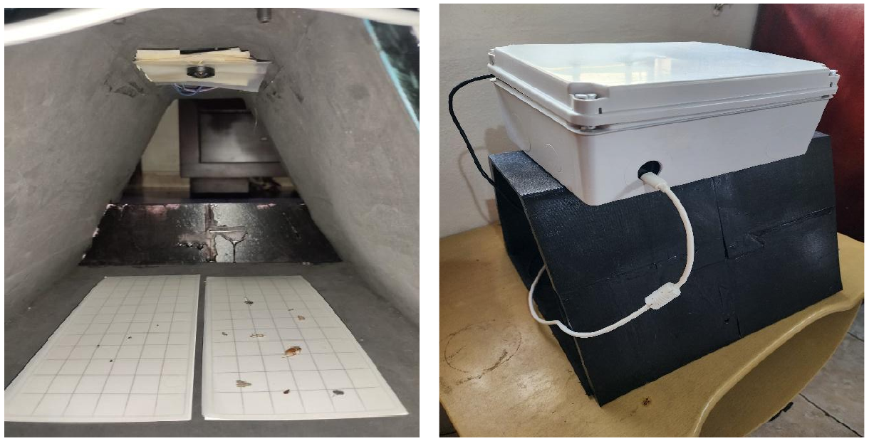Prototipo: interior de la caja con dos trampas adhesivas bajo la cámara y vista exterior del dispositivo