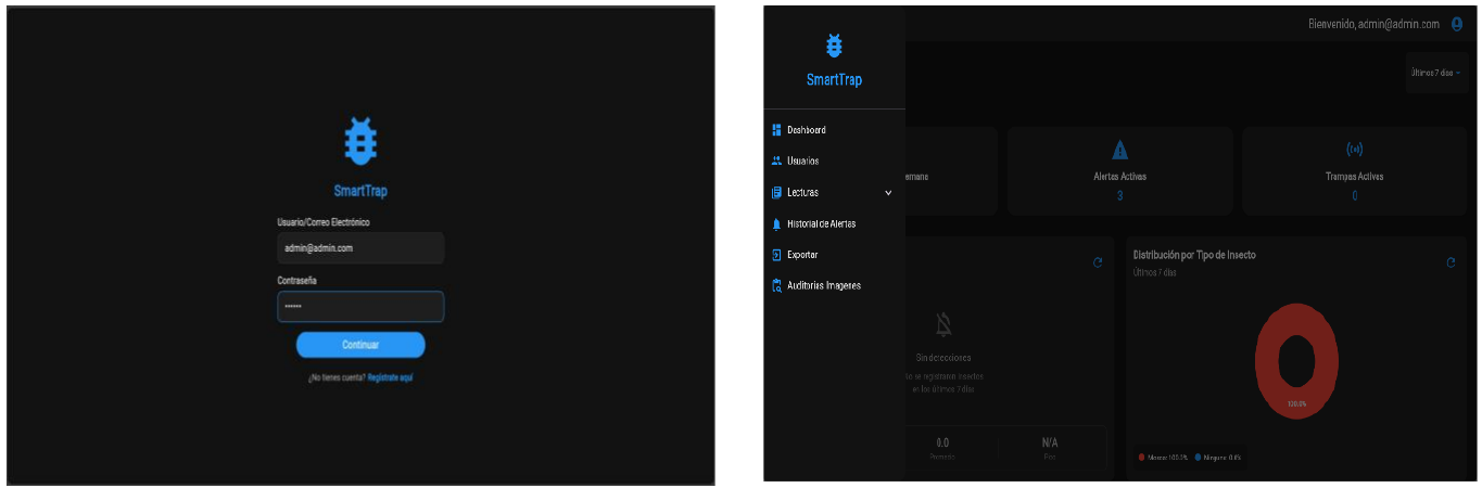 Pantalla de inicio de sesión y panel principal de la interfaz SmartTrap