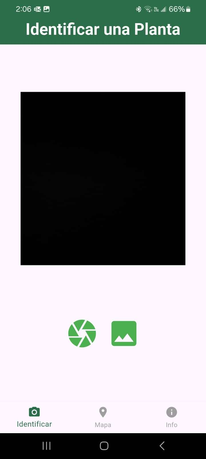 Pantalla 'Identificar una Planta' de la aplicación móvil, con botones de cámara y galería y pestañas Identificar, Mapa e Info