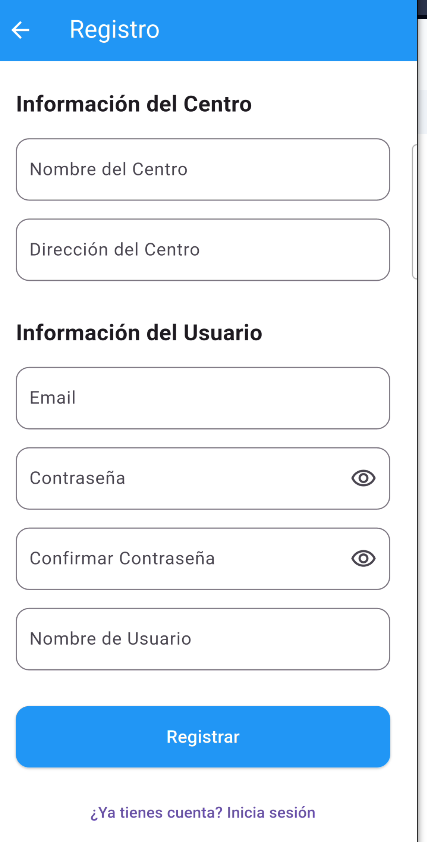 Pantalla de registro con datos del centro y del usuario