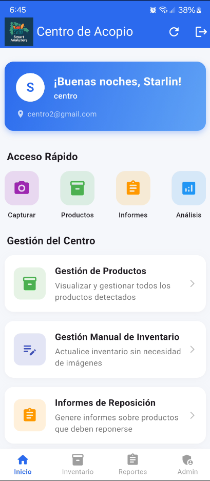 Pantalla de inicio del centro de acopio con accesos rápidos y gestión del centro