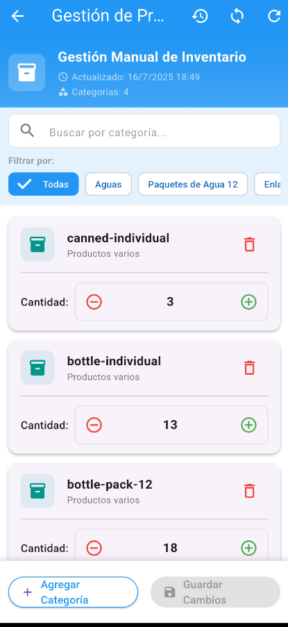 Pantalla de gestión manual de inventario con cantidades por producto