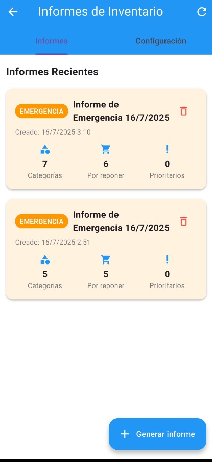 Pantalla de informes de inventario con informes de emergencia recientes