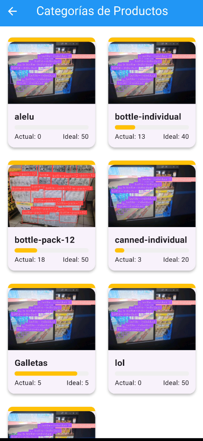 Pantalla de detecciones con las categorías de productos y sus cantidades actuales e ideales