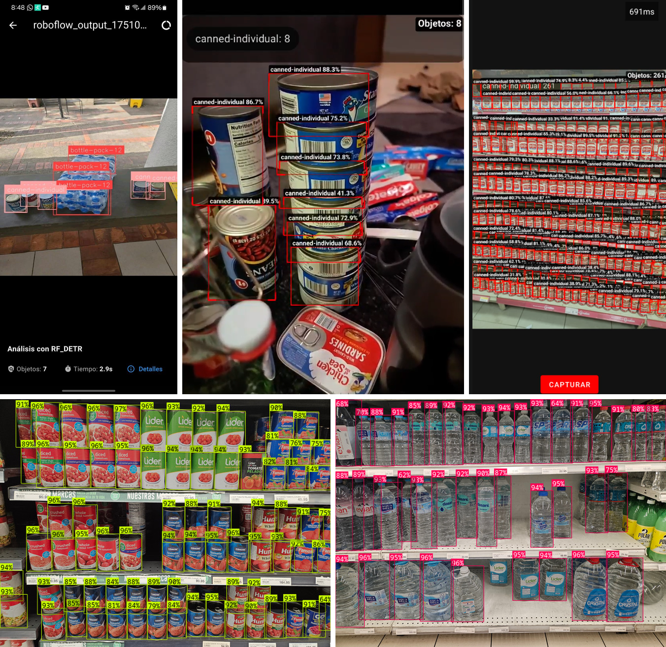 Capturas de pruebas: análisis con RF-DETR, detección de latas y estanterías de supermercado con latas y botellas de agua detectadas
