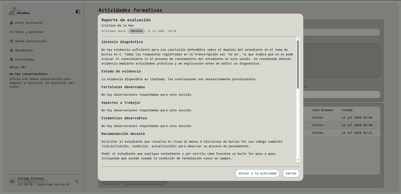 Reporte de evaluación disponible para el profesor después de una actividad formativa, con síntesis diagnóstica, estado de evidencia, observaciones y recomendación docente